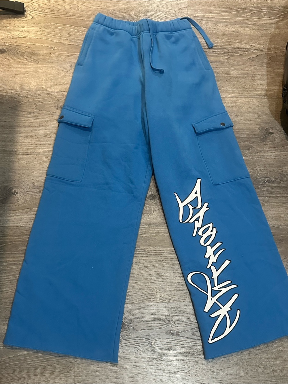 Blue Kids Cargo Sweatpants with White Script Detail